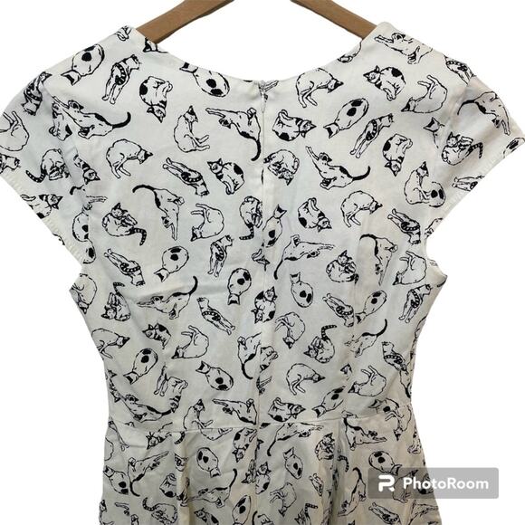 Ixia Women’s Cat Print Fit & Flare Dress White & Black Retro Style Made In USA L - Picture 6 of 9